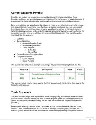 65
Current Accounts Payable
Payables are broken into two sections: current liabilities and long-term liabilities. Trade
Payables and taxes are almost always current liabilities. For the business to stay in business, it
is expected that those obligations be paid timely from the revenue generated each period.
Long-term liabilities are typically your bank loans or notes or any other instrument where money
is to be paid back in more than a year. Car loans and asset purchases, etc., are examples of
these loans. However, for these types of loans, typically some portion of the loan is current.
When the books are closed for the end of the period, a journal entry is prepared transferring the
current portion from long-term liabilities to the current liabilities section. Your payable section
might look like this structure:
 Liabilities
 Current Liabilities
o Accounts Payable-Trade
o Accounts Payable-Misc.
o Taxes Payable
 Sales Tax
 Payroll Tax
 Current Portion of Long-term Debt
 Long-term Liabilities
o Loans Payable
o Notes Payable
The journal entry for our loan example (assuming a 10-year repayment) might look like this:
Account # Description Debit Credit
2500 Current Portion of Long-term Debt $7,800
2800 Notes Payable $7,800
The payment would now be made against the 2500 account each month rather than against the
Notes Payable account.
Trade Discounts
Just as a business might offer discounts for those who pay early, the vendors might also offer
such discounts. You can then record your Accounts Payable gross (not recorded the discount
unless actually taken) or net (assuming you will take the discount and only recording it when
you don’t).
For example, let’s say a vendor offers 2%/10, net 30 (that’s a discount of two percent if paid
within 10 days, otherwise the full amount is due in 30 days). Assuming we purchased $5,000
worth of goods, we can record the purchase and subsequent payment by using either method.
 