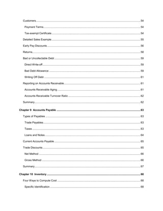6
Customers..............................................................................................................................................54
Payment Terms....................................................................................................................................54
Tax-exempt Certificate.........................................................................................................................54
Detailed Sales Example.........................................................................................................................55
Early Pay Discounts...............................................................................................................................56
Returns...................................................................................................................................................58
Bad or Uncollectable Debt .....................................................................................................................59
Direct Write-off.....................................................................................................................................59
Bad Debt Allowance ............................................................................................................................59
Writing Off Debt ...................................................................................................................................61
Reporting on Accounts Receivable........................................................................................................61
Accounts Receivable Aging .................................................................................................................61
Accounts Receivable Turnover Ratio ..................................................................................................62
Summary................................................................................................................................................62
Chapter 9 Accounts Payable ..................................................................................................................63
Types of Payables .................................................................................................................................63
Trade Payables....................................................................................................................................63
Taxes ...................................................................................................................................................63
Loans and Notes..................................................................................................................................64
Current Accounts Payable .....................................................................................................................65
Trade Discounts.....................................................................................................................................65
Net Method ..........................................................................................................................................66
Gross Method ......................................................................................................................................66
Summary................................................................................................................................................67
Chapter 10 Inventory ...............................................................................................................................68
Four Ways to Compute Cost .................................................................................................................68
Specific Identification ...........................................................................................................................68
 