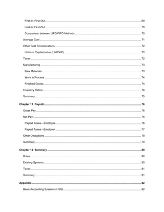 7
First-In, First-Out..................................................................................................................................69
Last-In, First-Out..................................................................................................................................70
Comparison between LIFO/FIFO Methods..........................................................................................70
Average Cost .........................................................................................................................................71
Other Cost Considerations.....................................................................................................................72
Uniform Capitalization (UNICAP).........................................................................................................72
Taxes .....................................................................................................................................................72
Manufacturing ........................................................................................................................................73
Raw Materials ......................................................................................................................................73
Work in Process...................................................................................................................................74
Finished Goods....................................................................................................................................74
Inventory Ratios .....................................................................................................................................74
Summary................................................................................................................................................75
Chapter 11 Payroll....................................................................................................................................76
Gross Pay ..............................................................................................................................................76
Net Pay ..................................................................................................................................................76
Payroll Taxes—Employee ...................................................................................................................76
Payroll Taxes—Employer ....................................................................................................................77
Other Deductions ...................................................................................................................................78
Summary................................................................................................................................................79
Chapter 12 Summary ...............................................................................................................................80
Roles......................................................................................................................................................80
Existing Systems....................................................................................................................................80
Taxes .....................................................................................................................................................81
Summary................................................................................................................................................81
Appendix....................................................................................................................................................82
Basic Accounting Systems in SQL ........................................................................................................82
 