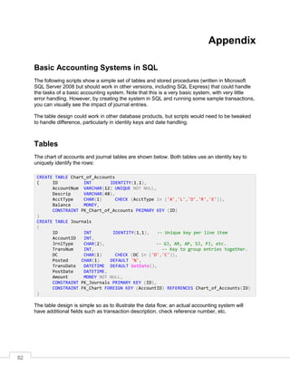 82
Appendix
Basic Accounting Systems in SQL
The following scripts show a simple set of tables and stored procedures (written in Microsoft
SQL Server 2008 but should work in other versions, including SQL Express) that could handle
the tasks of a basic accounting system. Note that this is a very basic system, with very little
error handling. However, by creating the system in SQL and running some sample transactions,
you can visually see the impact of journal entries.
The table design could work in other database products, but scripts would need to be tweaked
to handle difference, particularly in identity keys and date handling.
Tables
The chart of accounts and journal tables are shown below. Both tables use an identity key to
uniquely identify the rows:
The table design is simple so as to illustrate the data flow; an actual accounting system will
have additional fields such as transaction description, check reference number, etc.
CREATE TABLE Chart_of_Accounts
( ID INT IDENTITY(1,1),
AccountNum VARCHAR(12) UNIQUE NOT NULL,
Descrip VARCHAR(48),
AcctType CHAR(1) CHECK (AcctType in ('A','L','O','R','E')),
Balance MONEY,
CONSTRAINT PK_Chart_of_Accounts PRIMARY KEY (ID)
)
CREATE TABLE Journals
(
ID INT IDENTITY(1,1), -- Unique key per line item
AccountID INT,
JrnlType CHAR(2), -- GJ, AR, AP, SJ, PJ, etc.
TransNum INT, -- Key to group entries together.
DC CHAR(1) CHECK (DC in ('D','C')),
Posted CHAR(1) DEFAULT 'N',
TransDate DATETIME DEFAULT GetDate(),
PostDate DATETIME,
Amount MONEY NOT NULL,
CONSTRAINT PK_Journals PRIMARY KEY (ID),
CONSTRAINT FK_Chart FOREIGN KEY (AccountID) REFERENCES Chart_of_Accounts(ID)
)
 