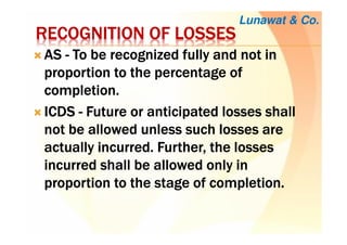 RECOGNITION OF LOSSESRECOGNITION OF LOSSESRECOGNITION OF LOSSESRECOGNITION OF LOSSES
ASASASAS ---- To be recognized fully and not inTo be recognized fully and not inTo be recognized fully and not inTo be recognized fully and not in
proportion to the percentage ofproportion to the percentage ofproportion to the percentage ofproportion to the percentage of
completion.completion.completion.completion.
ICDSICDSICDSICDS ---- Future or anticipated losses shallFuture or anticipated losses shallFuture or anticipated losses shallFuture or anticipated losses shall
not be allowed unless such losses arenot be allowed unless such losses arenot be allowed unless such losses arenot be allowed unless such losses are
actually incurred. Further, the lossesactually incurred. Further, the lossesactually incurred. Further, the lossesactually incurred. Further, the losses
incurred shall be allowed only inincurred shall be allowed only inincurred shall be allowed only inincurred shall be allowed only in
proportion to the stage of completion.proportion to the stage of completion.proportion to the stage of completion.proportion to the stage of completion.
Lunawat & Co.
 