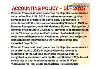 ACCOUNTINGACCOUNTINGACCOUNTINGACCOUNTING POLICYPOLICYPOLICYPOLICY –––– DLFDLFDLFDLF 2015201520152015
Revenue from constructed properties for all projects commencedRevenue from constructed properties for all projects commencedRevenue from constructed properties for all projects commencedRevenue from constructed properties for all projects commenced
on or before March 31, 2012 and where revenue recognitionon or before March 31, 2012 and where revenue recognitionon or before March 31, 2012 and where revenue recognitionon or before March 31, 2012 and where revenue recognition
commenced on or before the above date, is recognised incommenced on or before the above date, is recognised incommenced on or before the above date, is recognised incommenced on or before the above date, is recognised in
accordance with the provisions of Accounting Standard (AS) 9 onaccordance with the provisions of Accounting Standard (AS) 9 onaccordance with the provisions of Accounting Standard (AS) 9 onaccordance with the provisions of Accounting Standard (AS) 9 on
Revenue Recognition, read with Guidance Note on “Recognition ofRevenue Recognition, read with Guidance Note on “Recognition ofRevenue Recognition, read with Guidance Note on “Recognition ofRevenue Recognition, read with Guidance Note on “Recognition of
Revenue by Real Estate Developers”. Revenue is computed basedRevenue by Real Estate Developers”. Revenue is computed basedRevenue by Real Estate Developers”. Revenue is computed basedRevenue by Real Estate Developers”. Revenue is computed based
on the “% of completion method” and on % of actual projecton the “% of completion method” and on % of actual projecton the “% of completion method” and on % of actual projecton the “% of completion method” and on % of actual project
costs incurred thereon to total estimated project cost, subject tocosts incurred thereon to total estimated project cost, subject tocosts incurred thereon to total estimated project cost, subject tocosts incurred thereon to total estimated project cost, subject to
such actual cost incurred being 30 % or more of the totalsuch actual cost incurred being 30 % or more of the totalsuch actual cost incurred being 30 % or more of the totalsuch actual cost incurred being 30 % or more of the total
estimated project cost.estimated project cost.estimated project cost.estimated project cost.
Revenue from constructed properties for all projects commencedRevenue from constructed properties for all projects commencedRevenue from constructed properties for all projects commencedRevenue from constructed properties for all projects commenced
on or after April 1, 2012 or project where the revenue ison or after April 1, 2012 or project where the revenue ison or after April 1, 2012 or project where the revenue ison or after April 1, 2012 or project where the revenue is
recognised for the 1st time on or after the above date, isrecognised for the 1st time on or after the above date, isrecognised for the 1st time on or after the above date, isrecognised for the 1st time on or after the above date, is
recognised in accordance with the Revised Guidance Note issuedrecognised in accordance with the Revised Guidance Note issuedrecognised in accordance with the Revised Guidance Note issuedrecognised in accordance with the Revised Guidance Note issued
by Institute of Chartered Accountants of India (“ICAI”) onby Institute of Chartered Accountants of India (“ICAI”) onby Institute of Chartered Accountants of India (“ICAI”) onby Institute of Chartered Accountants of India (“ICAI”) on
“Accounting for Real Estate Transactions (Revised 2012)”.“Accounting for Real Estate Transactions (Revised 2012)”.“Accounting for Real Estate Transactions (Revised 2012)”.“Accounting for Real Estate Transactions (Revised 2012)”.
Lunawat & Co.
 