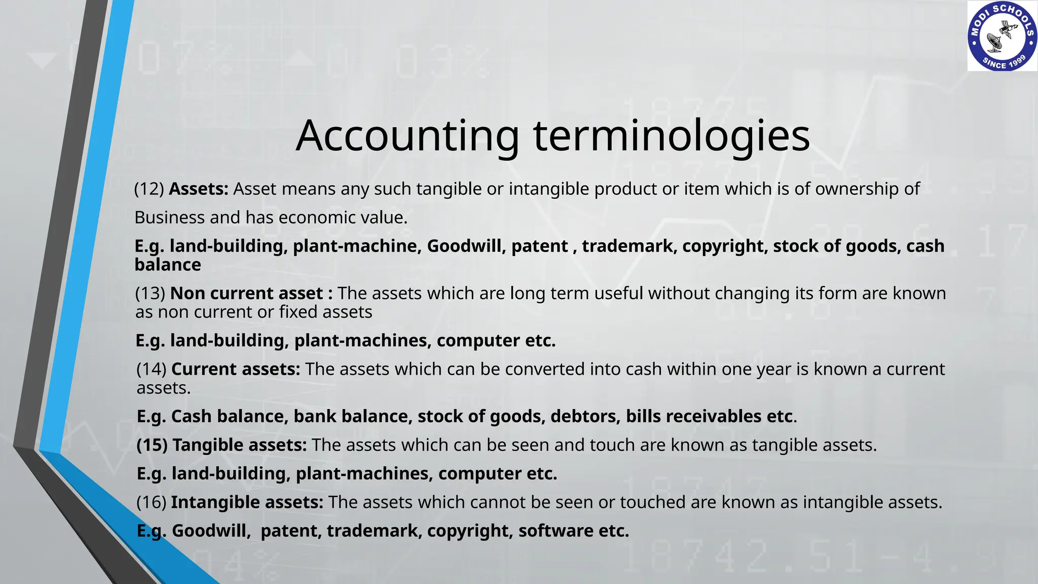 Accounting terminologies
(12) Assets: Asset means any such tangible or intangible product or item which is of ownership of
Business and has economic value.
E.g. land-building, plant-machine, Goodwill, patent , trademark, copyright, stock of goods, cash
balance
(13) Non current asset : The assets which are long term useful without changing its form are known
as non current or fixed assets
E.g. land-building, plant-machines, computer etc.
(14) Current assets: The assets which can be converted into cash within one year is known a current
assets.
E.g. Cash balance, bank balance, stock of goods, debtors, bills receivables etc.
(15) Tangible assets: The assets which can be seen and touch are known as tangible assets.
E.g. land-building, plant-machines, computer etc.
(16) Intangible assets: The assets which cannot be seen or touched are known as intangible assets.
E.g. Goodwill, patent, trademark, copyright, software etc.
 