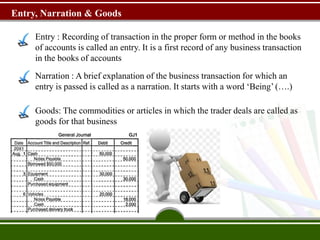 Entry : Recording of transaction in the proper form or method in the books
of accounts is called an entry. It is a first record of any business transaction
in the books of accounts
Entry, Narration & Goods
Narration : A brief explanation of the business transaction for which an
entry is passed is called as a narration. It starts with a word ‘Being’ (….)
Goods: The commodities or articles in which the trader deals are called as
goods for that business
 