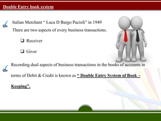 Italian Merchant “ Luca D Bargo Pacioli” in 1949
Double Entry book system
There are two aspects of every business transactions.
 Receiver
 Giver
Recording dual aspects of business transactions in the books of accounts in
terms of Debit & Credit is known as “ Double Entry System of Book –
Keeping”.
 