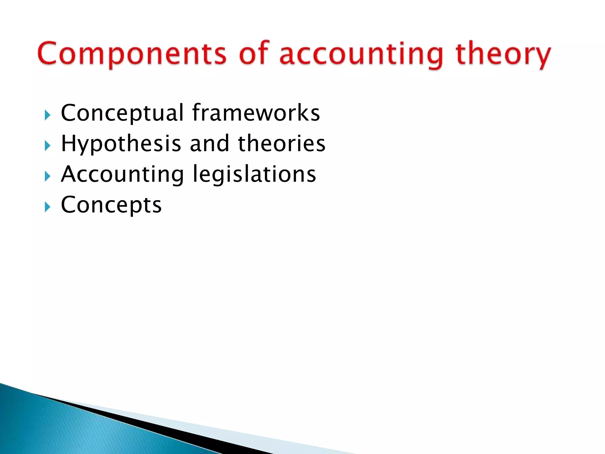  Conceptual frameworks
 Hypothesis and theories
 Accounting legislations
 Concepts
 
