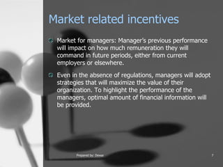 Market related incentives  Market for managers: Manager’s previous performance will impact on how much remuneration they will command in future periods, either from current employers or elsewhere.  Even in the absence of regulations, managers will adopt strategies that will maximize the value of their organization. To highlight the performance of the managers, optimal amount of financial information will be provided.  