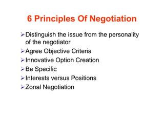 6 Principles Of Negotiation
Distinguish the issue from the personality
of the negotiator
Agree Objective Criteria
Innovative Option Creation
Be Specific
Interests versus Positions
Zonal Negotiation
 
