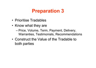 Preparation 3
• Prioritise Tradables
• Know what they are
  – Price, Volume, Term, Payment, Delivery,
    Warranties, Testimonials, Recommendations
• Construct the Value of the Tradable to
  both parties
 