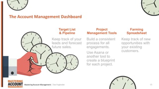 13
Keep track of your
leads and forecast
future sales.
Build a consistent
process for all
engagements.
Use Asana or
another tool to
create a blueprint
for each project.
Keep track of new
opportunities with
your existing
customers.
The Account Management Dashboard
Target List
& Pipeline
Project
Management Tools
Farming
Spreadsheet
| Dan EnglanderMastering Account Management
 