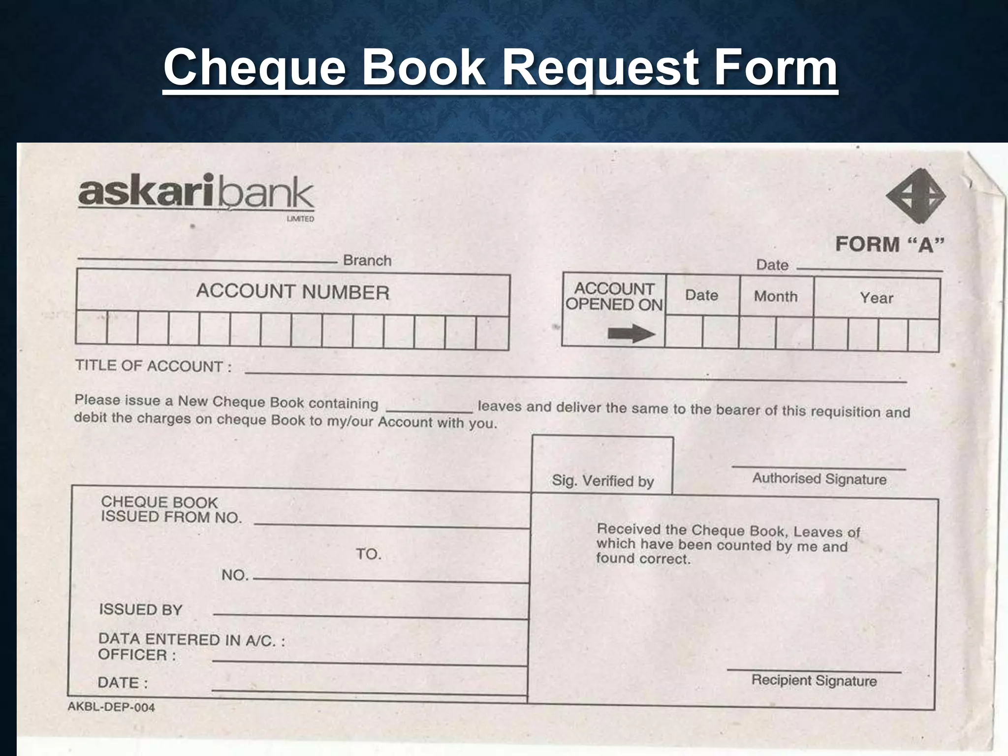 Dena Bank New Cheque Book Request Form