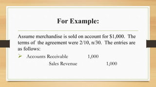 For Example:
Assume merchandise is sold on account for $1,000. The
terms of the agreement were 2/10, n/30. The entries are
as follows:
 Accounts Receivable 1,000
Sales Revenue 1,000
 