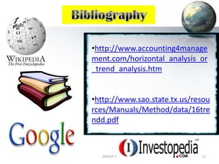 •http://www.accounting4manage
ment.com/horizontal_analysis_or
_trend_analysis.htm
•http://www.sao.state.tx.us/resou
rces/Manuals/Method/data/16tre
ndd.pdf
17GROUP-3
 