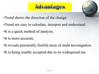 •Trend shows the direction of the change.
•Trend are easy to calculate, interpret and understand.
•It is a quick method of analysis.
•It is more accurate.
•It reveals potentially fruitful areas of audit investigation.
•It is being readily accepted due to its widespread use
7GROUP-3
 