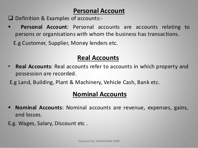 What are the various examples of nominal real and personal accounts?