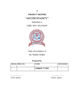 A
PROJECT REPORT
“ACCOUNTANCY”
Submitted to
CBSE AFFI .NO:430299
Under the Guidance of
Ms. Rethika Sridhar
Prepared by:
SR.NO. ROLL NO. NAME SIGNATURE
1 Anupam Verma
_______________ _______________
Teacher signature Principal signature
 