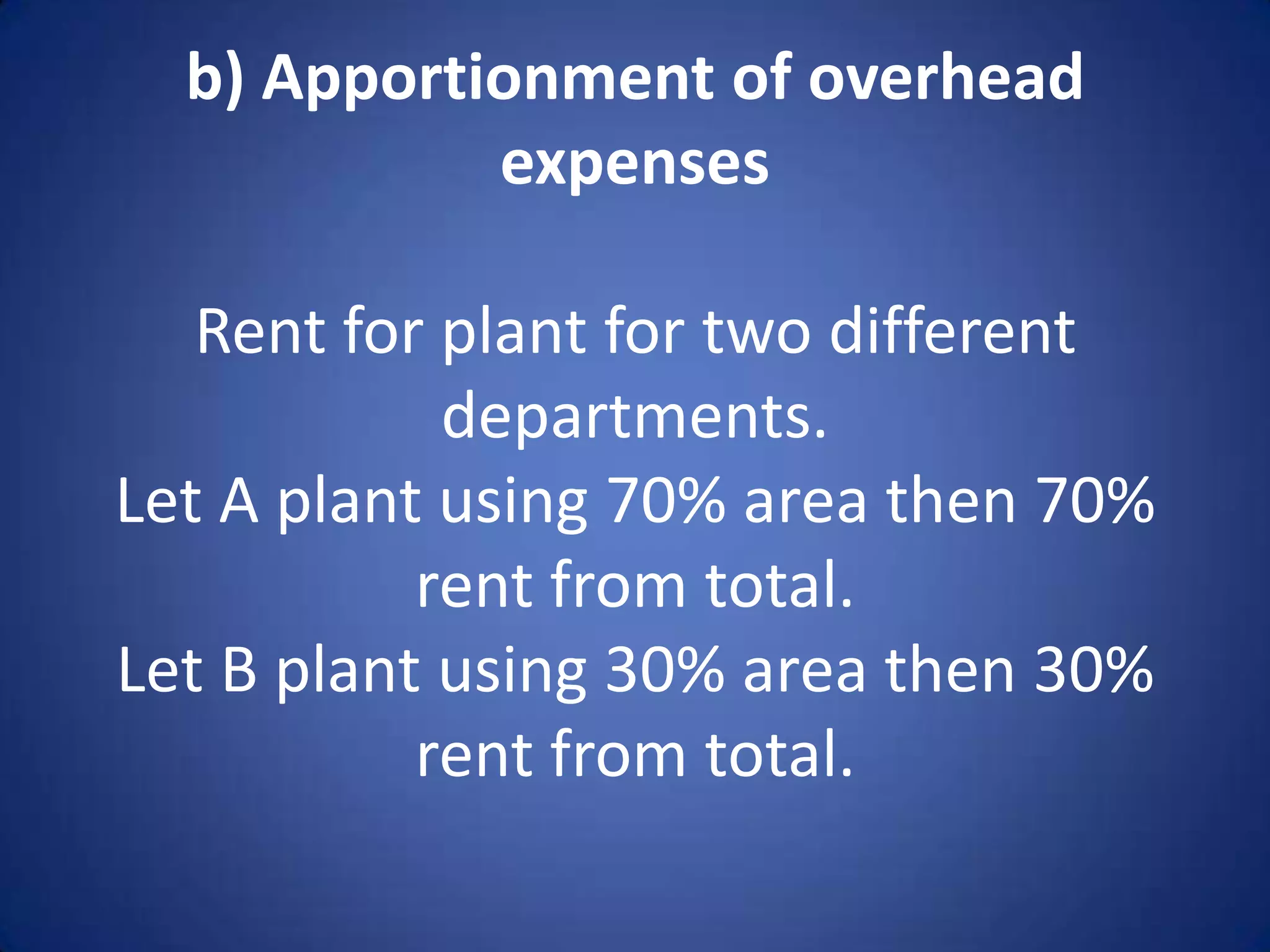 b) Apportionment of overhead
            expenses

   Rent for plant for two different
            departments.
Let A plant using 70% area then 70%
           rent from total.
Let B plant using 30% area then 30%
           rent from total.
 