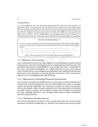 10 Accountancy
Comparability
It is not sufficient that the financial information is relevant and reliable at a
particular time, in a particular circumstance or for a particular reporting entity.
But it is equally important that the users of the general purpose financial reports
are able to compare various aspects of an entity over different time period and
with other entities. To be comparable, accounting reports must belong to a
common period and use common unit of measurement and format of reporting.
Test Your Understanding - II
You are a senior accountant of Ramona Enterprises Limited. What three steps would
you take to make your company’s financial statements understandable and decision
useful?
1. ——————————————————————————————
2. ——————————————————————————————
3. ——————————————————————————————
[Hint : Refer to qualitative characteristics of accounting information]
1.3 Objectives of Accounting
As an information system, the basic objective of accounting is to provide useful
information to the interested group of users, both external and internal. The
necessary information, particularly in case of external users, is provided in
the form of financial statements, viz., profit and loss account and balance
sheet. Besides these, the management is provided with additional information
from time to time from the accounting records of business. Thus, the primary
objectives of accounting include the following:
1.3.1 Maintenance of Records of Business Transactions
Accounting is used for the maintenance of a systematic record of all financial
transactions in book of accounts. Even the most brilliant executive or manager
cannot accurately remember the numerous amount of varied transactions
such as purchases, sales, receipts, payments, etc. that takes place in business
everyday. Hence, a proper and complete records of all business transactions
are kept regularly. Moreover, the recorded information enables verifiability
and acts as an evidence.
1.3.2 Calculation of Profit and Loss
The owners of business are keen to have an idea about the net results of their
business operations periodically, i.e. whether the business has earned profits
2015-16
 