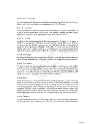17
Introduction to Accounting
the amount payable. Hence, it is called as cash discount. Cash discount acts as
an incentive that encourages prompt payment by the debtors.
1.5.14 Voucher
The documentary evidence in support of a transaction is known as voucher. For
example, if we buy goods for cash, we get cash memo, if we buy on credit, we get
an invoice; when we make a payment we get a receipt and so on.
1.5.15 Goods
It refers to the products in which the business unit is dealing, i.e. in terms of
which it is buying and selling or producting and selling. The items that are
purchased for use in the business are not called goods. For example, for a
furniture dealer purchase of chairs and tables is termed as goods, while for
other it is furniture and is treated as an asset. Similarly, for a stationery merchant,
stationery is goods, whereas for others it is an item of expense (not purchases)
1.5.16 Drawings
Withdrawal of money and/or goods by the owner from the business for personal
use is known as drawings. Drawings reduces the investment of the owners.
1.5.17 Purchases
Purchases are total amount of goods procured by a business on credit and on
cash, for use or sale. In a trading concern, purchases are made of merchandise
for resale with or without processing. In a manufacturing concern, raw
materials are purchased, processed further into finished goods and then sold.
Purchases may be cash purchases or credit purchases.
1.5.18 Stock
Stock (inventory) is a measure of something on hand-goods, spares and other
items in a business. It is called Stock in hand. In a trading concern, the stock
on hand is the amount of goods which are lying unsold as at the end of an
accounting period is called closing stock (ending inventory). In a manufacturing
company, closing stock comprises raw materials, semi-finished goods and
finished goods on hand on the closing date. Similarly, opening stock (beginning
inventory) is the amount of stock at the beginning of the accounting period.
1.5.19 Debtors
Debtors are persons and/or other entities who owe to an enterprise an amount
for buying goods and services on credit. The total amount standing against
2015-16
 