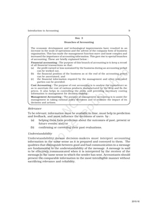 9
Introduction to Accounting
Box 3
Branches of Accounting
The economic development and technological improvements have resulted in an
increase in the scale of operations and the advent of the company form of business
organisation. This has made the management function more and more complex and
increased the importance of accounting information. This gave rise to special branches
of accounting. These are briefly explained below :
Financial accounting : The purpose of this branch of accounting is to keep a record
of all financial transactions so that:
(a) the profit earned or loss sustained by the business during an accounting period
can be worked out,
(b) the financial position of the business as at the end of the accounting period
can be ascertained, and
(c) the financial information required by the management and other interested
parties can be provided.
Cost Accounting : The purpose of cost accounting is to analyse the expenditure so
as to ascertain the cost of various products manufactured by the firm and fix the
prices. It also helps in controlling the costs and providing necessary costing
information to management for decision-making.
Management Accounting : The purpose of management accounting is to assist the
management in taking rational policy decisions and to evaluate the impact of its
decisons and actions.
Relevance
To be relevant, information must be available in time, must help in prediction
and feedback, and must influence the decisions of users by :
(a) helping them form prediction about the outcomes of past, present or
future events; and/or
(b) confirming or correcting their past evaluations.
Understandability
Understandability means decision-makers must interpret accounting
information in the same sense as it is prepared and conveyed to them. The
qualities that distinguish between good and bad communication in a message
are fundamental to the understandability of the message. A message is said
to be effectively communicated when it is interpreted by the receiver of the
message in the same sense in which the sender has sent. Accountants should
present the comparable information in the most intenlligible manner without
sacrificing relevance and reliability.
2015-16
 