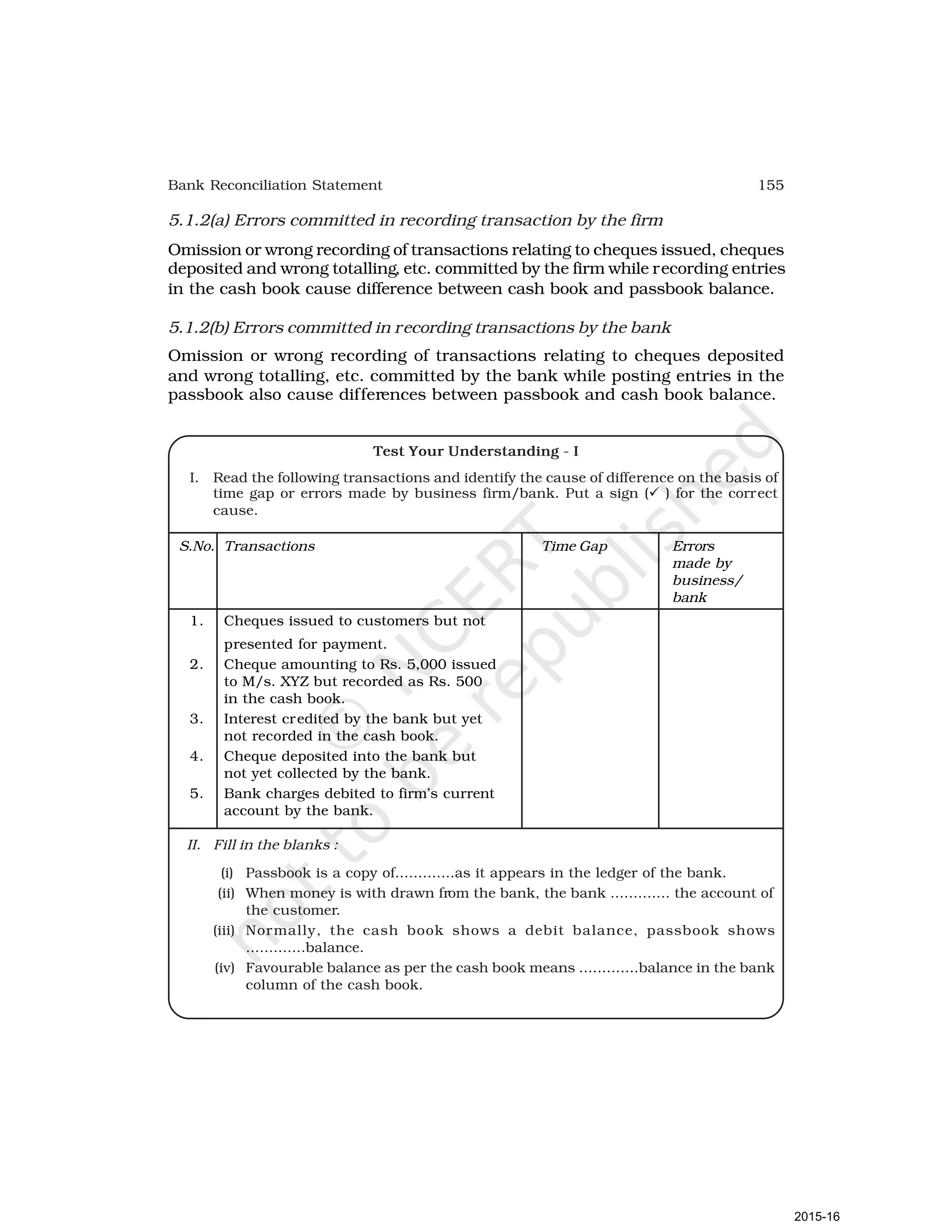 155
Bank Reconciliation Statement
5.1.2(a) Errors committed in recording transaction by the firm
Omission or wrong recording of transactions relating to cheques issued, cheques
deposited and wrong totalling, etc. committed by the firm while recording entries
in the cash book cause difference between cash book and passbook balance.
5.1.2(b) Errors committed in recording transactions by the bank
Omission or wrong recording of transactions relating to cheques deposited
and wrong totalling, etc. committed by the bank while posting entries in the
passbook also cause differences between passbook and cash book balance.
Test Your Understanding - I
I. Read the following transactions and identify the cause of difference on the basis of
time gap or errors made by business firm/bank. Put a sign (ü ) for the correct
cause.
S.No. Transactions Time Gap Errors
made by
business/
bank
1. Cheques issued to customers but not
presented for payment.
2. Cheque amounting to Rs. 5,000 issued
to M/s. XYZ but recorded as Rs. 500
in the cash book.
3. Interest credited by the bank but yet
not recorded in the cash book.
4. Cheque deposited into the bank but
not yet collected by the bank.
5. Bank charges debited to firm’s current
account by the bank.
II. Fill in the blanks :
(i) Passbook is a copy of.............as it appears in the ledger of the bank.
(ii) When money is with drawn from the bank, the bank ............. the account of
the customer.
(iii) Normally, the cash book shows a debit balance, passbook shows
.............balance.
(iv) Favourable balance as per the cash book means .............balance in the bank
column of the cash book.
2015-16
 