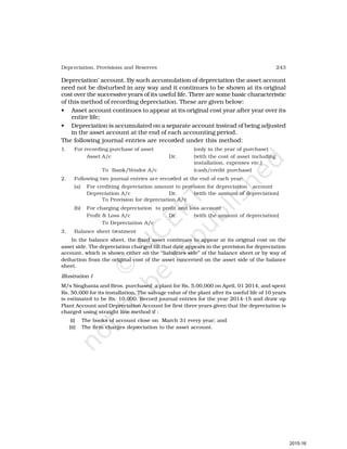 243
Depreciation, Provisions and Reserves
Depreciation’ account. By such accumulation of depreciation the asset account
need not be disturbed in any way and it continues to be shown at its original
cost over the successive years of its useful life. There are some basic characteristic
of this method of recording depreciation. These are given below:
• Asset account continues to appear at its original cost year after year over its
entire life;
• Depreciation is accumulated on a separate account instead of being adjusted
in the asset account at the end of each accounting period.
The following journal entries are recorded under this method:
1. For recording purchase of asset (only in the year of purchase)
Asset A/c Dr. (with the cost of asset including
installation, expenses etc.)
To Bank/Vendor A/c (cash/credit purchase)
2. Following two journal entries are recorded at the end of each year:
(a) For crediting depreciation amount to provision for depreciation account
Depreciation A/c Dr. (with the amount of depreciation)
To Provision for depreciation A/c
(b) For charging depreciation to profit and loss account
Profit & Loss A/c Dr. (with the amount of depreciation)
To Depreciation A/c
3. Balance sheet treatment
In the balance sheet, the fixed asset continues to appear at its original cost on the
asset side. The depreciation charged till that date appears in the provision for depreciation
account, which is shown either on the “liabilities side” of the balance sheet or by way of
deduction from the original cost of the asset concerned on the asset side of the balance
sheet.
Illustration 1
M/s Singhania and Bros. purchased a plant for Rs. 5,00,000 on April, 01 2014, and spent
Rs. 50,000 for its installation. The salvage value of the plant after its useful life of 10 years
is estimated to be Rs. 10,000. Record journal entries for the year 2014-15 and draw up
Plant Account and Depreciation Account for first three years given that the depreciation is
charged using straight line method if :
(i) The books of account close on March 31 every year; and
(ii) The firm charges depreciation to the asset account.
2015-16
 