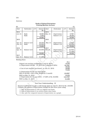 250 Accountancy
Solution
Books of Sahani Enterprises
Printing Machine Account
Dr. Cr.
Date Particulars J.F. Amount Date Particulars J.F. Amount
Rs. Rs.
2014 2015
Jul. 01 Bank 40,000 Mar. 31 Depreciation 6,7501
Bank 5,000 Balance c/d 38,250
45,000 45,000
2015 2016
Apr. 01 Balance b/d 38,250 Mar. 31 Depreciation 9,4002
Jan. 01 Bank 35,000 Balance c/d 63,850
73,250 73,250
2016 2017
Apr. 01 Balance b/d 63,850 Mar.31 Depreciation 12,7703
Balance c/d 51,080
63,850 63,850
2017
Apr. 01 Balance b/d 51,080
Working Notes
(Rs.)
Orignal cost machine purchased on July 01, 2014 45,000
(–) Depreciation till Mar. 31, 2015 (for 9 months @ 20%) (6,750)1
38,250
+ Cost of new machine purchased on Jan. 01, 2016 35,000
73,250
(–) Depreciation for the year 2015-2016
(20% of 38,250 + 20% of Rs. 35,000 for 3 month) (9,400)2
WDV on Mar. 31, 2016 63,850
(–) Depreciation for the year 2016 – 17 (20% of Rs. 63,850) (12,770)3
WDV on Mar. 31, 2017 51,080
Test Your Understanding - IV
Basaria Confectioner bought a cold storage plant on July 01, 2014 for Rs.1,00,000.
Compare the amount of depreciation charged for first three years using:
1. Rate of depreciation @ 10% on original cost basis;
2. Rate of depreciation @ on written down value basis;
3. Also, plot the computed amount of depreciation on a graph.
2015-16
 