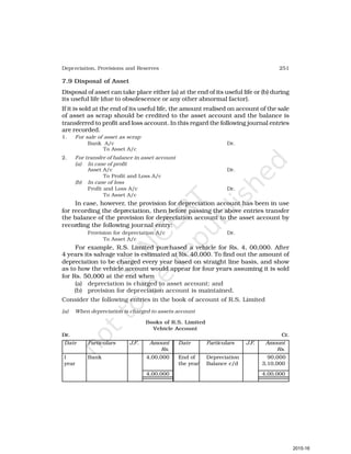 251
Depreciation, Provisions and Reserves
7.9 Disposal of Asset
Disposal of asset can take place either (a) at the end of its useful life or (b) during
its useful life (due to obsolescence or any other abnormal factor).
If it is sold at the end of its useful life, the amount realised on account of the sale
of asset as scrap should be credited to the asset account and the balance is
transferred to profit and loss account. In this regard the following journal entries
are recorded.
1. For sale of asset as scrap
Bank A/c Dr.
To Asset A/c
2. For transfer of balance in asset account
(a) In case of profit
Asset A/c Dr.
To Profit and Loss A/c
(b) In case of loss
Profit and Loss A/c Dr.
To Asset A/c
In case, however, the provision for depreciation account has been in use
for recording the depreciation, then before passing the above entries transfer
the balance of the provision for depreciation account to the asset account by
recording the following journal entry:
Provision for depreciation A/c Dr.
To Asset A/c
For example, R.S. Limited purchased a vehicle for Rs. 4, 00,000. After
4 years its salvage value is estimated at Rs. 40,000. To find out the amount of
depreciation to be charged every year based on straight line basis, and show
as to how the vehicle account would appear for four years assuming it is sold
for Rs. 50,000 at the end when
(a) depreciation is charged to asset account; and
(b) provision for depreciation account is maintained.
Consider the following entries in the book of account of R.S. Limited
(a) When depreciation is charged to assets account
Books of R.S. Limited
Vehicle Account
Dr. Cr.
Date Particulars J.F. Amount Date Particulars J.F. Amount
Rs. Rs.
I Bank 4,00,000 End of Depreciation 90,000
year the year Balance c/d 3,10,000
4,00,000 4,00,000
2015-16
 