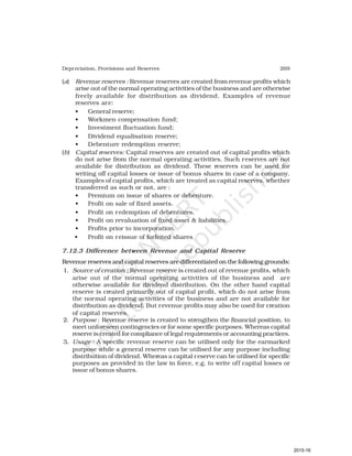 269
Depreciation, Provisions and Reserves
(a) Revenue reserves : Revenue reserves are created from revenue profits which
arise out of the normal operating activities of the business and are otherwise
freely available for distribution as dividend. Examples of revenue
reserves are:
• General reserve;
• Workmen compensation fund;
• Investment fluctuation fund;
• Dividend equalisation reserve;
• Debenture redemption reserve;
(b) Capital reserves: Capital reserves are created out of capital profits which
do not arise from the normal operating activities. Such reserves are not
available for distribution as dividend. These reserves can be used for
writing off capital losses or issue of bonus shares in case of a company.
Examples of capital profits, which are treated as capital reserves, whether
transferred as such or not, are :
• Premium on issue of shares or debenture.
• Profit on sale of fixed assets.
• Profit on redemption of debentures.
• Profit on revaluation of fixed asset & liabilities.
• Profits prior to incorporation.
• Profit on reissue of forfeited shares
7.12.3 Difference between Revenue and Capital Reserve
Revenue reserves and capital reserves are differentiated on the following grounds:
1. Source of creation :Revenue reserve is created out of revenue profits, which
arise out of the normal operating activities of the business and are
otherwise available for dividend distribution. On the other hand capital
reserve is created primarily out of capital profit, which do not arise from
the normal operating activities of the business and are not available for
distribution as dividend. But revenue profits may also be used for creation
of capital reserves.
2. Purpose : Revenue reserve is created to strengthen the financial position, to
meet unforeseen contingencies or for some specific purposes. Whereas capital
reserve is created for compliance of legal requirements or accounting practices.
3. Usage : A specific revenue reserve can be utilised only for the earmarked
purpose while a general reserve can be utilised for any purpose including
distribution of dividend. Whereas a capital reserve can be utilised for specific
purposes as provided in the law in force, e.g. to write off capital losses or
issue of bonus shares.
2015-16
 