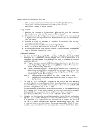 273
Depreciation, Provisions and Reserves
11. Give four examples each of ‘revenue reserve’ and ‘capital reserves’.
12. Distinguish between ‘general reserve’ and ‘specific reserve’.
13. Explain the concept of ‘secret reserve’.
Long Answers
1. Explain the concept of depreciation. What is the need for charging
depreciation and what are the causes of depreciation?
2. Discuss in detail the straight line method and written down value method
of depreciation. Distinguish between the two and also give situations where
they are useful.
3. Describe in detail two methods of recording depreciation. Also give the
necessary journal entries.
4. Explain determinants of the amount of depreciation.
5. Name and explain different types of reserves in details.
6. What are ‘provisions’. How are they created? Give accounting treatment in
case of provision for doubtful Debts.
Numerical Problems
1. On April 01, 2010, Bajrang Marbles purchased a Machine for Rs. 2,80,000
and spent Rs. 10,000 on its carriage and Rs. 10,000 on its installation. It is
estimated that its working life is 10 years and after 10 years its scrap value
will be Rs. 20,000.
(a) Prepare Machine account and Depreciation account for the first four
years by providing depreciation on straight line method. Accounts are
closed on March 31st every year.
(b) Prepare Machine account, Depreciation account and Provision for
depreciation account (or accumulated depreciation account) for the first
four years by providing depreciation using straight line method accounts
are closed on March 31 every year.
(Ans:[a] Balance of Machine account on April 1, 2014 Rs.1,28,000.
[b] Balance of Provision for depreciation account as on 1.04.2014
Rs.72,000.)
2. On July 01, 2010, Ashok Ltd. Purchased a Machine for Rs. 1,08,000 and
spent Rs. 12,000 on its installation. At the time of purchase it was estimated
that the effective commercial life of the machine will be 12 years and after 12
years its salvage value will be Rs. 12,000.
Prepare machine account and depreciation Account in the books of Ashok
Ltd. For first three years, if depreciation is written off according to straight
line method. The account are closed on December 31st, every year.
(Ans: Balance of Machine account as on 1.01.2013 Rs.97,500).
3. Reliance Ltd. Purchased a second hand machine for Rs. 56,000 on October
01, 2011 and spent Rs. 28,000 on its overhaul and installation before putting
it to operation. It is expected that the machine can be sold for Rs. 6,000 at
the end of its useful life of 15 years. Moreover an estimated cost of Rs. 1,000
is expected to be incurred to recover the salvage value of Rs. 6,000. Prepare
machine account and Provision for depreciation account for the first three
2015-16
 