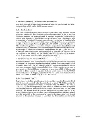 234 Accountancy
7.5 Factors Affecting the Amount of Depreciation
The determination of depreciation depends on three parameters, viz. cost,
estimated useful life and probable salvage value.
7.5.1 Cost of Asset
Cost (also known as original cost or historical cost) of an asset includes invoice
price and other costs, which are necessary to put the asset in use or working
condition. Besides the purchase price, it includes freight and transportation
cost, transit insurance, installation cost, registration cost, commission paid
on purchase of asset add items such as software, etc. In case of purchase of a
second hand asset it includes initial repair cost to put the asset in workable
condition. According to Accounting Standand-6 of ICAI, cost of a fixed asset is
“the total cost spent in connection with its acquisition, installation and
commissioning as well as for addition or improvement of the depreciable asset”.
For example, a photocopy machine is purchased for Rs. 50,000 and Rs. 5,000
is spent on its transportation and installation. In this case the original cost of
the machine is Rs. 55,000 (i.e. Rs. 50,000 + Rs.5,000 ) which will be written-
off as depreciation over the useful life of the machine.
7.5.2 Estimated Net Residual Value
Net Residual value (also known as scrap value or salvage value for accounting
purpose) is the estimated net realisable value (or sale value) of the asset at the
end of its useful life. The net residual value is calculated after deducting the
expenses necessary for the disposal of the asset. For example, a machine is
purchased for Rs. 50,000 and is expected to have a useful life of 10 years. At
the end of 10th year it is expected to have a sale value of Rs. 6,000 but
expenses related to its disposal are estimated at Rs. 1,000. Then its net residual
value shall be Rs. 5,000 (i.e. Rs. 6,000 – Rs. 1,000).
7.5.3 Depreciable Cost
Depreciable cost of an asset is equal to its cost (as calculated in point 7.5.1
above) less net residual value (as calculated in point 7.5.2,) Hence, in the
above example, the depreciable cost of machine is Rs. 45,000 (i.e., Rs. 50,000
– Rs. 5,000.) It is the depreciable cost, which is distributed and charged as
depreciation expense over the estimated useful life of the asset. In the above
example, Rs. 45,000 shall be charged as depreciation over a period of 10
years. It is important to mention here that total amount of depreciation charged
over the useful life of the asset must be equal to the depreciable cost. If total
amount of depreciation charged is less than the depreciable cost then the
2015-16
 