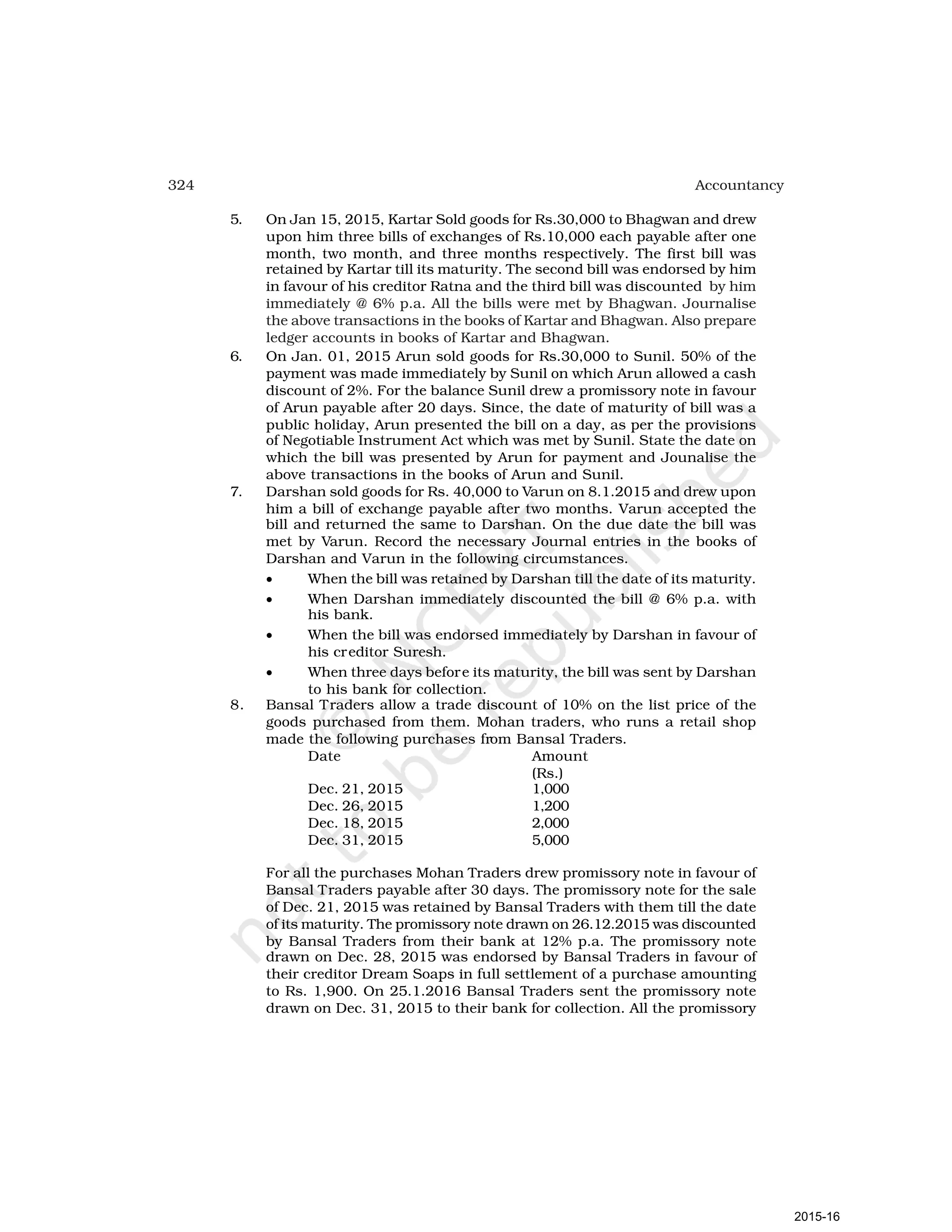 324 Accountancy
5. On Jan 15, 2015, Kartar Sold goods for Rs.30,000 to Bhagwan and drew
upon him three bills of exchanges of Rs.10,000 each payable after one
month, two month, and three months respectively. The first bill was
retained by Kartar till its maturity. The second bill was endorsed by him
in favour of his creditor Ratna and the third bill was discounted by him
immediately @ 6% p.a. All the bills were met by Bhagwan. Journalise
the above transactions in the books of Kartar and Bhagwan. Also prepare
ledger accounts in books of Kartar and Bhagwan.
6. On Jan. 01, 2015 Arun sold goods for Rs.30,000 to Sunil. 50% of the
payment was made immediately by Sunil on which Arun allowed a cash
discount of 2%. For the balance Sunil drew a promissory note in favour
of Arun payable after 20 days. Since, the date of maturity of bill was a
public holiday, Arun presented the bill on a day, as per the provisions
of Negotiable Instrument Act which was met by Sunil. State the date on
which the bill was presented by Arun for payment and Jounalise the
above transactions in the books of Arun and Sunil.
7. Darshan sold goods for Rs. 40,000 to Varun on 8.1.2015 and drew upon
him a bill of exchange payable after two months. Varun accepted the
bill and returned the same to Darshan. On the due date the bill was
met by Varun. Record the necessary Journal entries in the books of
Darshan and Varun in the following circumstances.
• When the bill was retained by Darshan till the date of its maturity.
• When Darshan immediately discounted the bill @ 6% p.a. with
his bank.
• When the bill was endorsed immediately by Darshan in favour of
his creditor Suresh.
• When three days before its maturity, the bill was sent by Darshan
to his bank for collection.
8. Bansal Traders allow a trade discount of 10% on the list price of the
goods purchased from them. Mohan traders, who runs a retail shop
made the following purchases from Bansal Traders.
Date Amount
(Rs.)
Dec. 21, 2015 1,000
Dec. 26, 2015 1,200
Dec. 18, 2015 2,000
Dec. 31, 2015 5,000
For all the purchases Mohan Traders drew promissory note in favour of
Bansal Traders payable after 30 days. The promissory note for the sale
of Dec. 21, 2015 was retained by Bansal Traders with them till the date
of its maturity. The promissory note drawn on 26.12.2015 was discounted
by Bansal Traders from their bank at 12% p.a. The promissory note
drawn on Dec. 28, 2015 was endorsed by Bansal Traders in favour of
their creditor Dream Soaps in full settlement of a purchase amounting
to Rs. 1,900. On 25.1.2016 Bansal Traders sent the promissory note
drawn on Dec. 31, 2015 to their bank for collection. All the promissory
2015-16
 