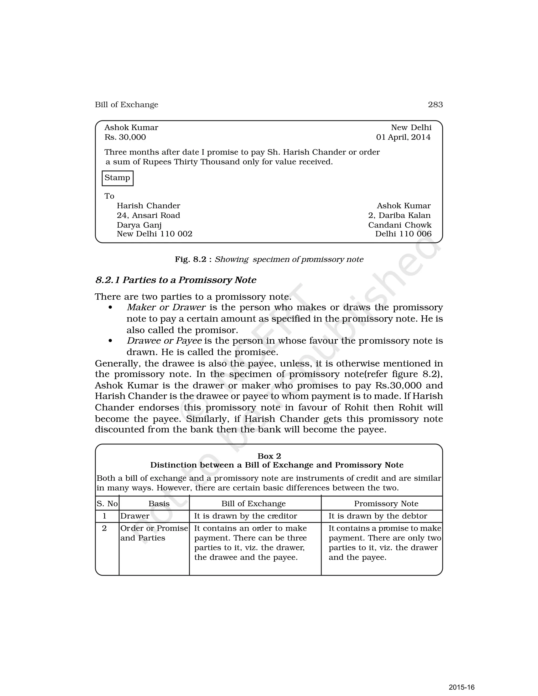 283
Bill of Exchange
Ashok Kumar New Delhi
Rs. 30,000 01 April, 2014
Three months after date I promise to pay Sh. Harish Chander or order
a sum of Rupees Thirty Thousand only for value received.
Stamp
To
Harish Chander Ashok Kumar
24, Ansari Road 2, Dariba Kalan
Darya Ganj Candani Chowk
New Delhi 110 002 Delhi 110 006
Fig. 8.2 : Showing specimen of promissory note
8.2.1 Parties to a Promissory Note
There are two parties to a promissory note.
• Maker or Drawer is the person who makes or draws the promissory
note to pay a certain amount as specified in the promissory note. He is
also called the promisor.
• Drawee or Payee is the person in whose favour the promissory note is
drawn. He is called the promisee.
Generally, the drawee is also the payee, unless, it is otherwise mentioned in
the promissory note. In the specimen of promissory note(refer figure 8.2),
Ashok Kumar is the drawer or maker who promises to pay Rs.30,000 and
Harish Chander is the drawee or payee to whom payment is to made. If Harish
Chander endorses this promissory note in favour of Rohit then Rohit will
become the payee. Similarly, if Harish Chander gets this promissory note
discounted from the bank then the bank will become the payee.
Box 2
Distinction between a Bill of Exchange and Promissory Note
Both a bill of exchange and a promissory note are instruments of credit and are similar
in many ways. However, there are certain basic differences between the two.
S. No Basis Bill of Exchange Promissory Note
1 Drawer It is drawn by the creditor It is drawn by the debtor
2 Order or Promise It contains an order to make It contains a promise to make
and Parties payment. There can be three payment. There are only two
parties to it, viz. the drawer, parties to it, viz. the drawer
the drawee and the payee. and the payee.
2015-16
 