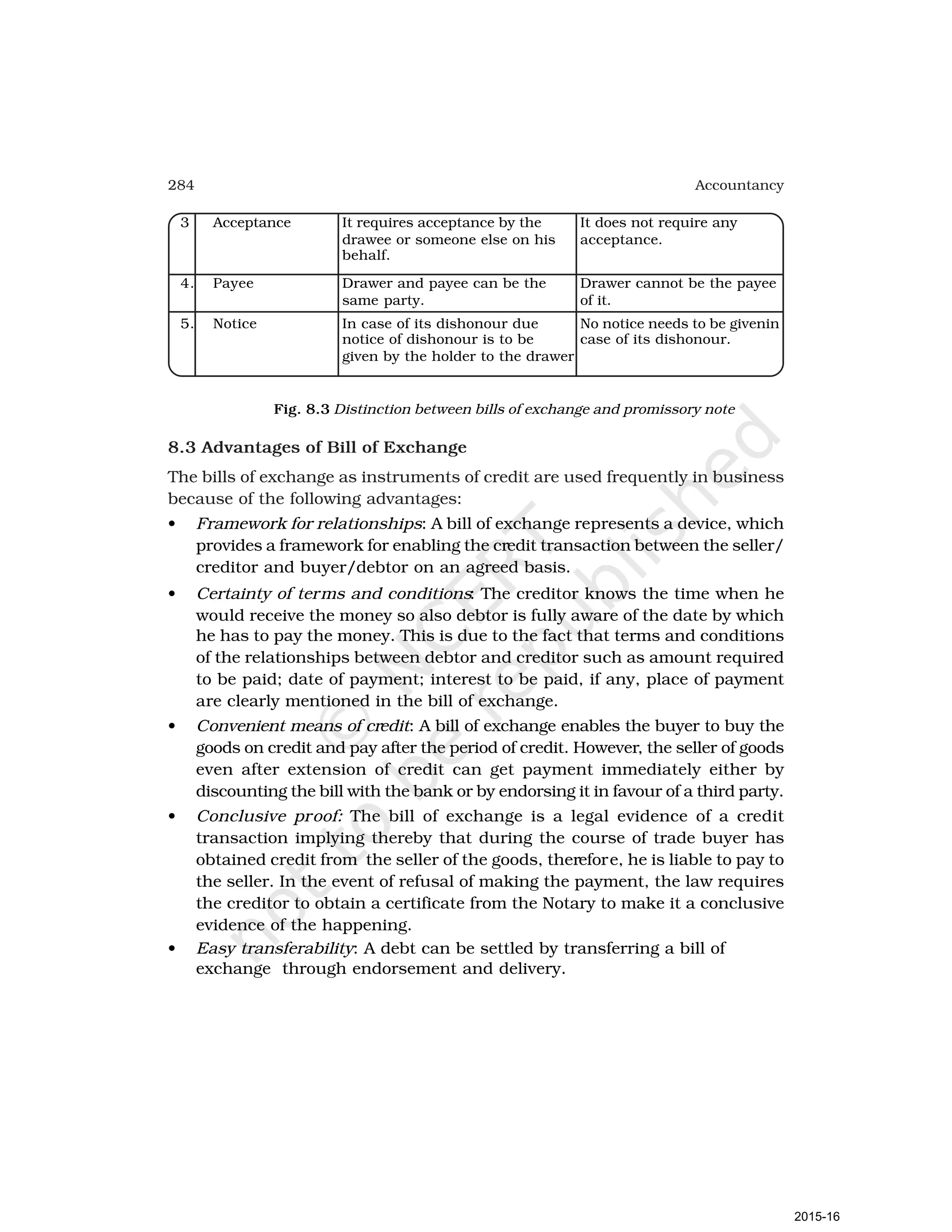 284 Accountancy
3 Acceptance It requires acceptance by the It does not require any
drawee or someone else on his acceptance.
behalf.
4. Payee Drawer and payee can be the Drawer cannot be the payee
same party. of it.
5. Notice In case of its dishonour due No notice needs to be givenin
notice of dishonour is to be case of its dishonour.
given by the holder to the drawer
Fig. 8.3 Distinction between bills of exchange and promissory note
8.3 Advantages of Bill of Exchange
The bills of exchange as instruments of credit are used frequently in business
because of the following advantages:
• Framework for relationships: A bill of exchange represents a device, which
provides a framework for enabling the credit transaction between the seller/
creditor and buyer/debtor on an agreed basis.
• Certainty of terms and conditions: The creditor knows the time when he
would receive the money so also debtor is fully aware of the date by which
he has to pay the money. This is due to the fact that terms and conditions
of the relationships between debtor and creditor such as amount required
to be paid; date of payment; interest to be paid, if any, place of payment
are clearly mentioned in the bill of exchange.
• Convenient means of credit: A bill of exchange enables the buyer to buy the
goods on credit and pay after the period of credit. However, the seller of goods
even after extension of credit can get payment immediately either by
discounting the bill with the bank or by endorsing it in favour of a third party.
• Conclusive proof: The bill of exchange is a legal evidence of a credit
transaction implying thereby that during the course of trade buyer has
obtained credit from the seller of the goods, therefore, he is liable to pay to
the seller. In the event of refusal of making the payment, the law requires
the creditor to obtain a certificate from the Notary to make it a conclusive
evidence of the happening.
• Easy transferability: A debt can be settled by transferring a bill of
exchange through endorsement and delivery.
2015-16
 