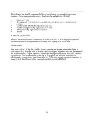 The following are possible measures of efficient use of human resources by the operating
manager. These organizational measures should also be applied to the HR Staff:

C      Supervisory ratio
C      Average grade by organization/core occupation/one grade and two grade interval
       positions
C      Number of GS-14 and above positions over time
C      Number of employees by organization over time
C      Attrition rates by organization/occupation
C      Awards

Where can I go for data?

The data for most of the above measures is available from the CPDF or the payroll/personnel
automated system of the organization, which may have slightly more recent data.

Getting started

You need to clearly define the variables for each measure and develop a method to factor in
customer service. You also need to develop valid comparisons with other agencies. For example,
the benchmarks for a Federal regulatory commission should probably come from other regulatory
commissions. Benchmarks can be as specific as for research and scientific organizations,
administrative organizations, general counsels, etc. Valid cross-agency comparisons can then be
made for both the efficiency of the organization and the servicing HR Staff.




                                               32
 
