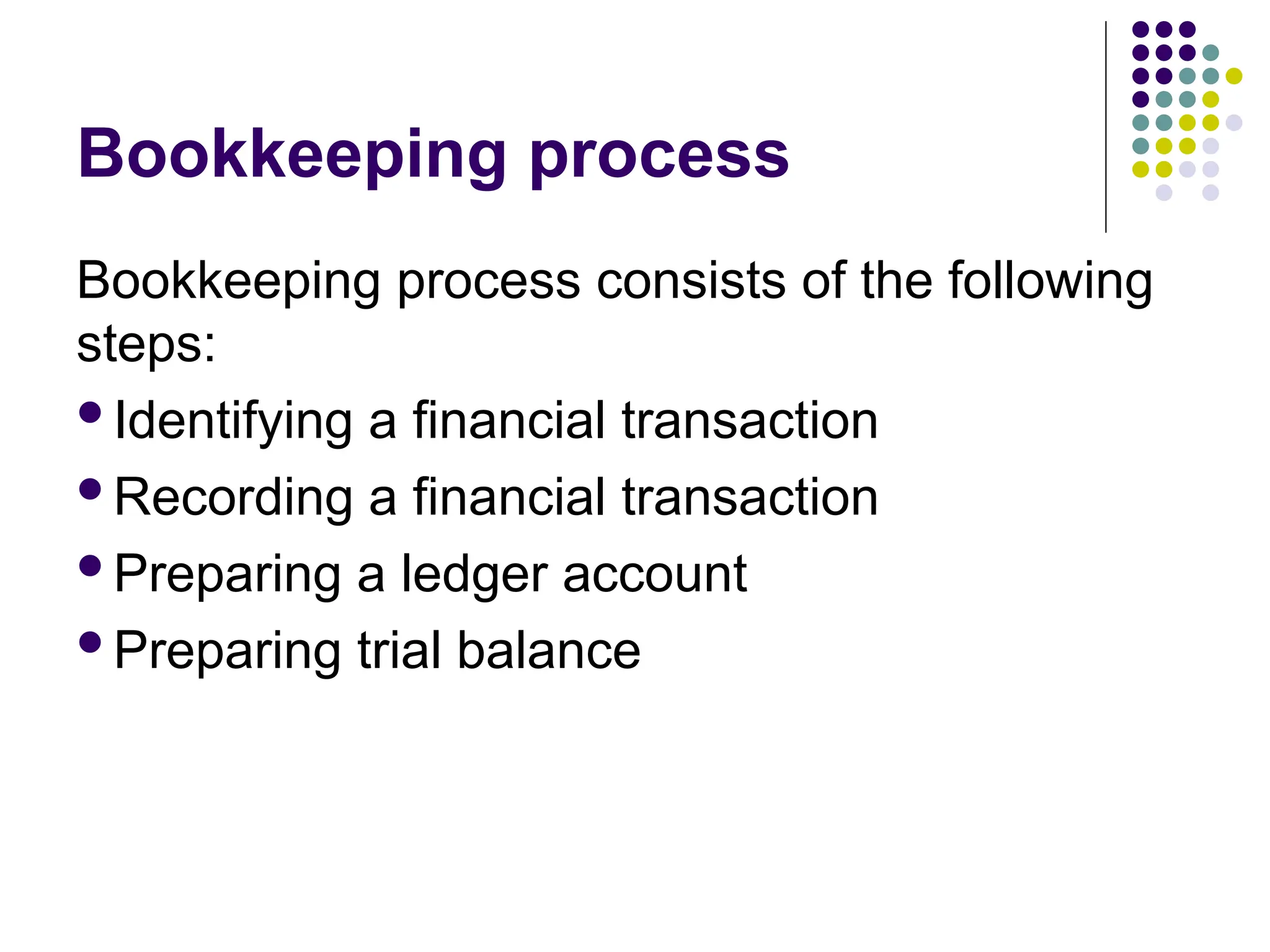 Bookkeeping process
Bookkeeping process consists of the following
steps:
Identifying a financial transaction
Recording a financial transaction
Preparing a ledger account
Preparing trial balance
 