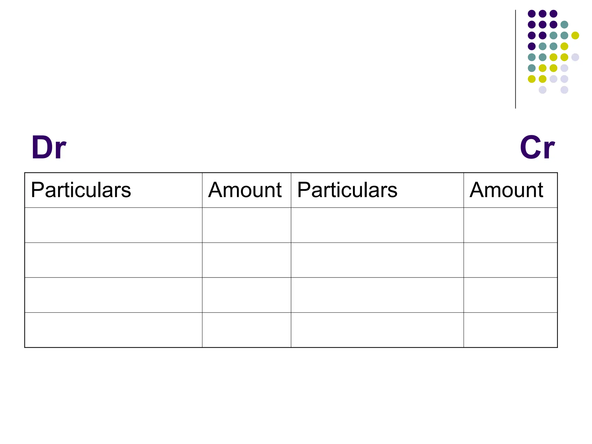 Dr Cr
Particulars Amount Particulars Amount
 
