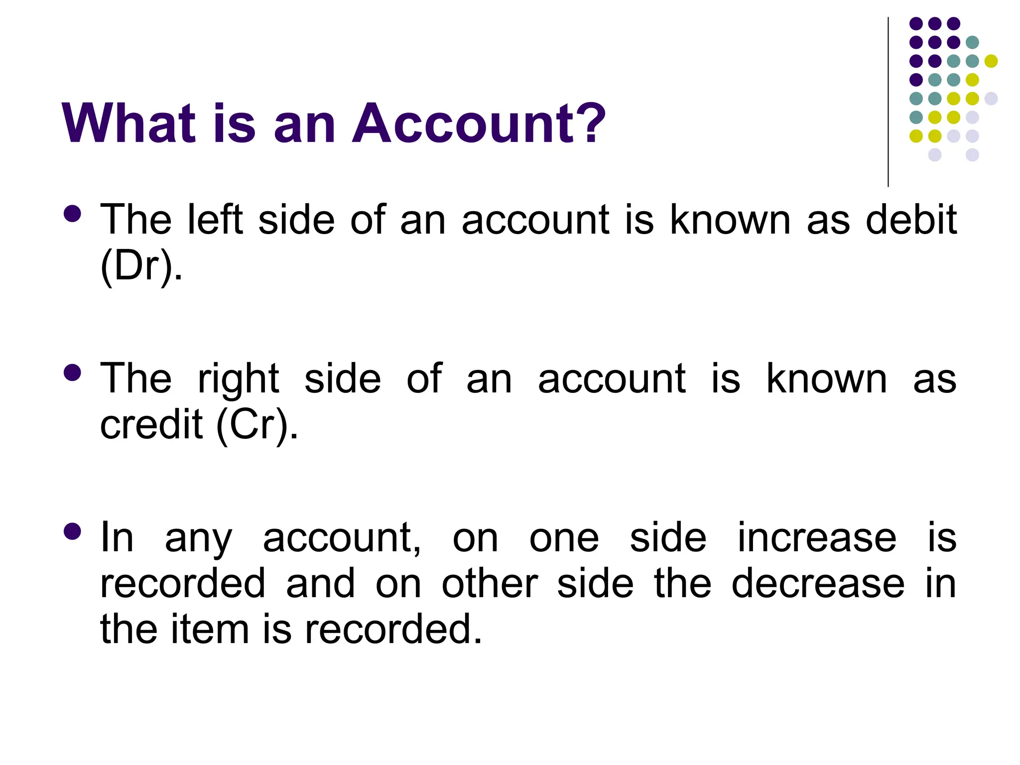 What is an Account?
 The left side of an account is known as debit
(Dr).
 The right side of an account is known as
credit (Cr).
 In any account, on one side increase is
recorded and on other side the decrease in
the item is recorded.
 