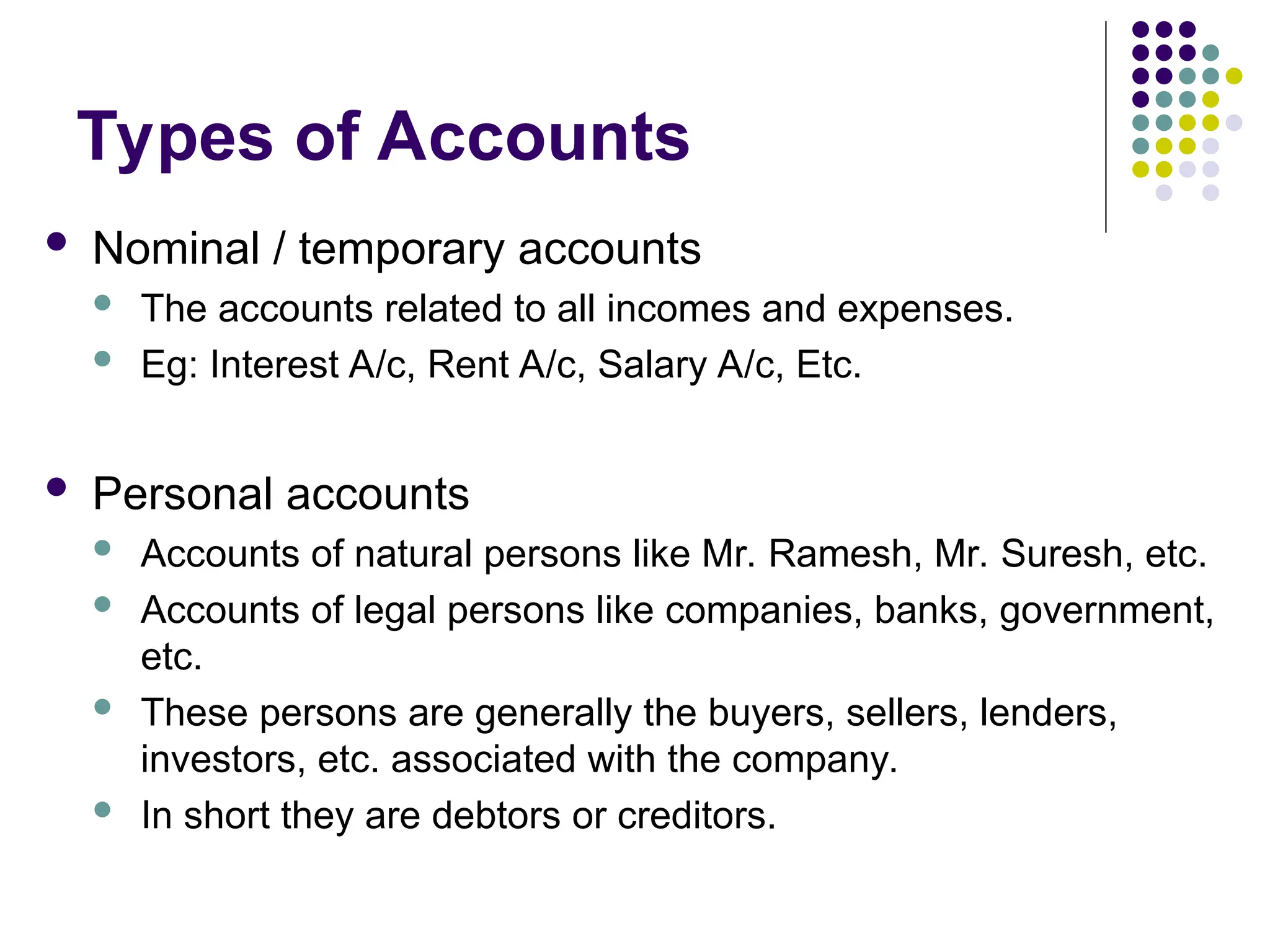 Types of Accounts
 Nominal / temporary accounts
 The accounts related to all incomes and expenses.
 Eg: Interest A/c, Rent A/c, Salary A/c, Etc.
 Personal accounts
 Accounts of natural persons like Mr. Ramesh, Mr. Suresh, etc.
 Accounts of legal persons like companies, banks, government,
etc.
 These persons are generally the buyers, sellers, lenders,
investors, etc. associated with the company.
 In short they are debtors or creditors.
 