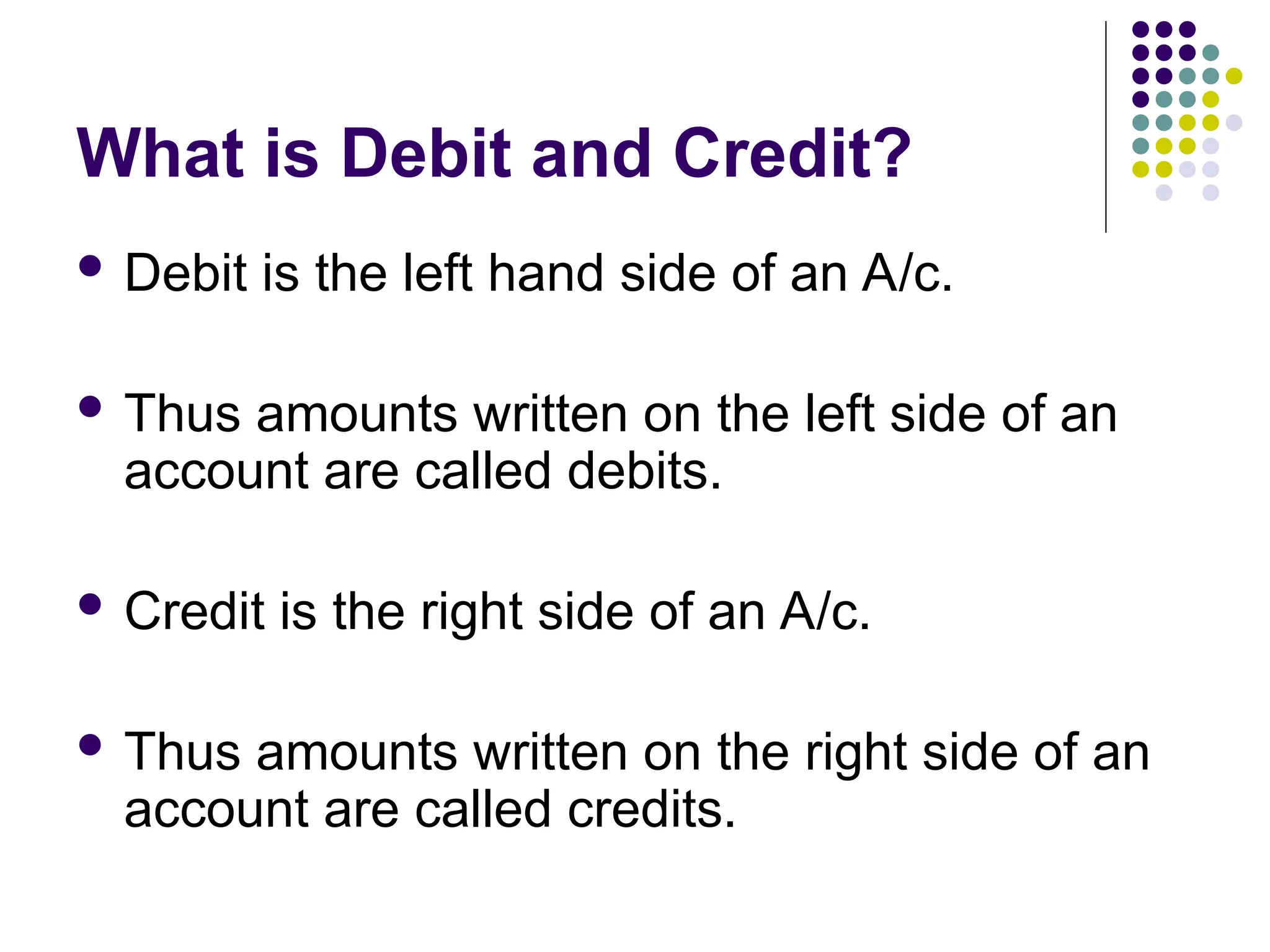 What is Debit and Credit?
 Debit is the left hand side of an A/c.
 Thus amounts written on the left side of an
account are called debits.
 Credit is the right side of an A/c.
 Thus amounts written on the right side of an
account are called credits.
 