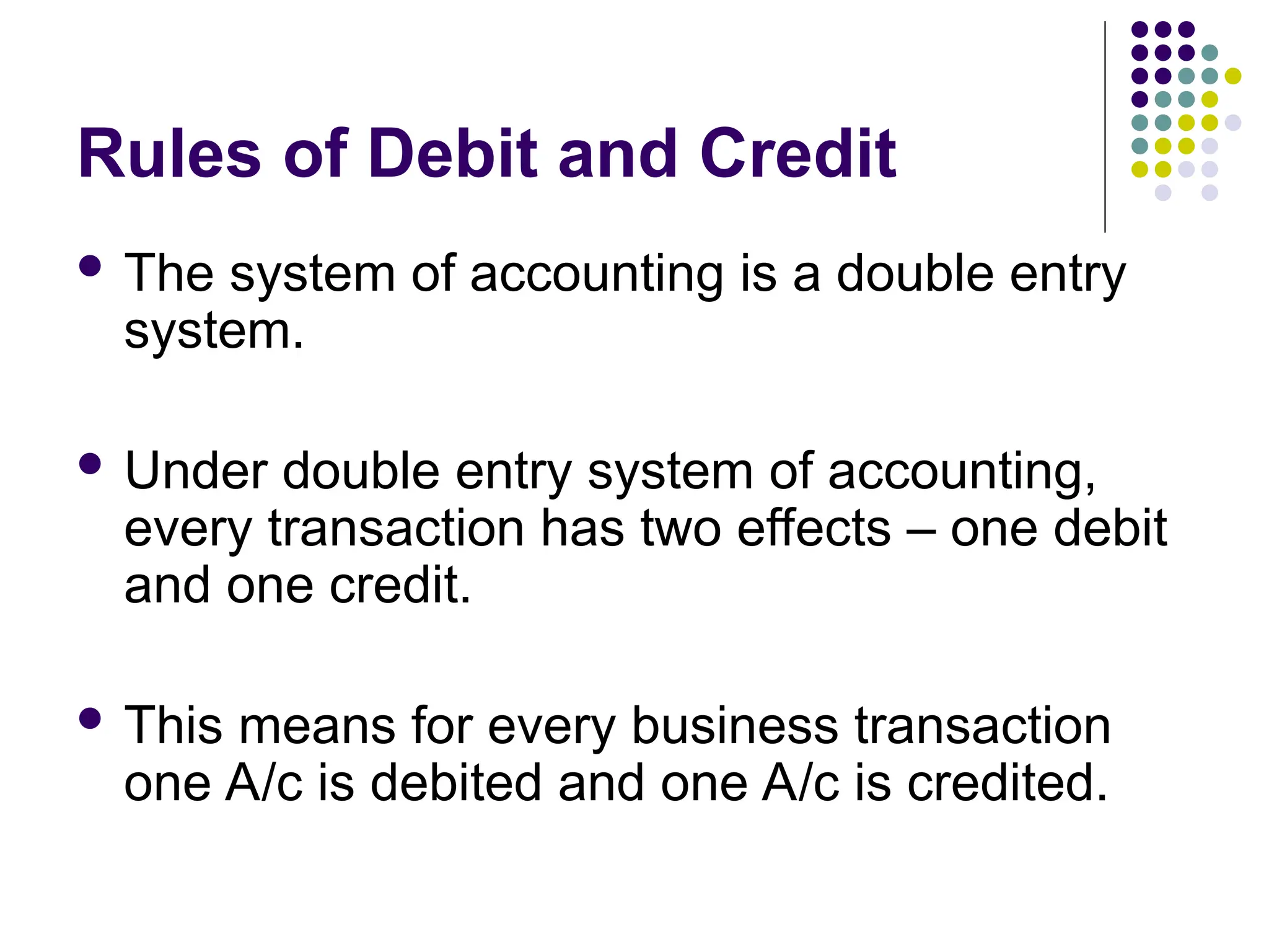 Rules of Debit and Credit
 The system of accounting is a double entry
system.
 Under double entry system of accounting,
every transaction has two effects – one debit
and one credit.
 This means for every business transaction
one A/c is debited and one A/c is credited.
 
