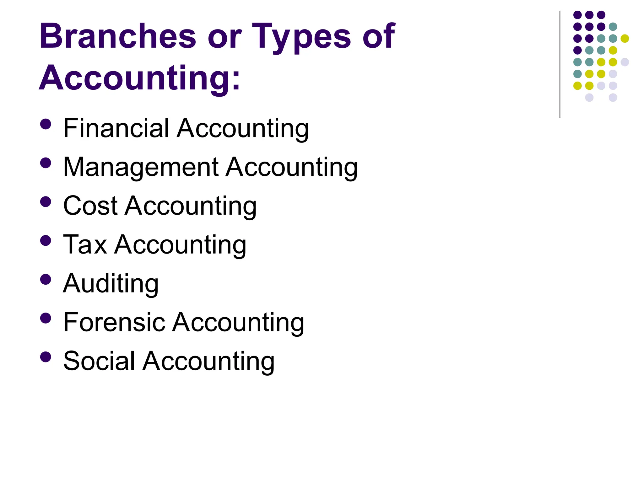 Branches or Types of
Accounting:
 Financial Accounting
 Management Accounting
 Cost Accounting
 Tax Accounting
 Auditing
 Forensic Accounting
 Social Accounting
 