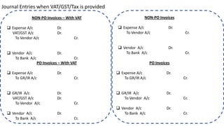 Journal Entries when VAT/GST/Tax is provided
NON-PO Invoices – With VAT
❑ Expense A/c Dr.
VAT/GST A/c Dr.
To Vendor A/c Cr.
❑ Vendor A/c Dr.
To Bank A/c Cr.
PO Invoices – With VAT
❑ Expense A/c Dr.
To GR/IR A/c Cr.
❑ GR/IR A/c Dr.
VAT/GST A/c Dr.
To Vendor A/c Cr.
❑ Vendor A/c Dr.
To Bank A/c Cr.
NON-PO Invoices
❑ Expense A/c Dr.
To Vendor A/c Cr.
❑ Vendor A/c Dr.
To Bank A/c Cr.
PO Invoices
❑ Expense A/c Dr.
To GR/IR A/c Cr.
❑ GR/IR A/c Dr.
To Vendor A/c Cr.
❑ Vendor A/c Dr.
To Bank A/c Cr.
 