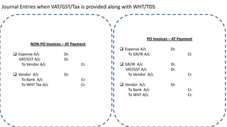 Journal Entries when VAT/GST/Tax is provided along with WHT/TDS
NON-PO Invoices – AT Payment
❑ Expense A/c Dr.
VAT/GST A/c Dr.
To Vendor A/c Cr.
❑ Vendor A/c Dr.
To Bank A/c Cr.
To WHT Tax A/c Cr.
PO Invoices – AT Payment
❑ Expense A/c Dr.
To GR/IR A/c Cr.
❑ GR/IR A/c Dr.
VAT/GST A/c Dr.
To Vendor A/c Cr.
❑ Vendor A/c Dr.
To Bank A/c Cr.
To WHT A/c Cr.
 