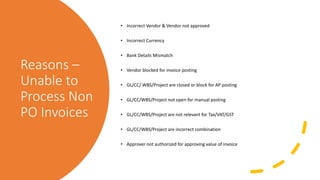 Reasons –
Unable to
Process Non
PO Invoices
• Incorrect Vendor & Vendor not approved
• Incorrect Currency
• Bank Details Mismatch
• Vendor blocked for invoice posting
• GL/CC/ WBS/Project are closed or block for AP posting
• GL/CC/WBS/Project not open for manual posting
• GL/CC/WBS/Project are not relevant for Tax/VAT/GST
• GL/CC/WBS/Project are incorrect combination
• Approver not authorized for approving value of invoice
 