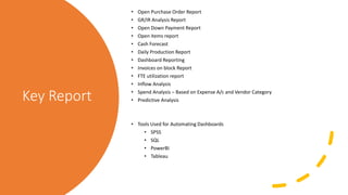 Key Report
• Open Purchase Order Report
• GR/IR Analysis Report
• Open Down Payment Report
• Open items report
• Cash Forecast
• Daily Production Report
• Dashboard Reporting
• Invoices on block Report
• FTE utilization report
• Inflow Analysis
• Spend Analysis – Based on Expense A/c and Vendor Category
• Predictive Analysis
• Tools Used for Automating Dashboards
• SPSS
• SQL
• PowerBI
• Tableau
 