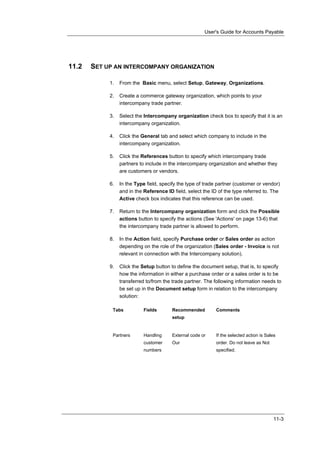 User's Guide for Accounts Payable




11.2   SET UP AN INTERCOMPANY ORGANIZATION

            1.   From the Basic menu, select Setup, Gateway, Organizations.

            2.   Create a commerce gateway organization, which points to your
                 intercompany trade partner.

            3.   Select the Intercompany organization check box to specify that it is an
                 intercompany organization.

            4.   Click the General tab and select which company to include in the
                 intercompany organization.

            5.   Click the References button to specify which intercompany trade
                 partners to include in the intercompany organization and whether they
                 are customers or vendors.

            6.   In the Type field, specify the type of trade partner (customer or vendor)
                 and in the Reference ID field, select the ID of the type referred to. The
                 Active check box indicates that this reference can be used.

            7.   Return to the Intercompany organization form and click the Possible
                 actions button to specify the actions (See 'Actions' on page 13-6) that
                 the intercompany trade partner is allowed to perform.

            8.   In the Action field, specify Purchase order or Sales order as action
                 depending on the role of the organization (Sales order - Invoice is not
                 relevant in connection with the Intercompany solution).

            9.   Click the Setup button to define the document setup, that is, to specify
                 how the information in either a purchase order or a sales order is to be
                 transferred to/from the trade partner. The following information needs to
                 be set up in the Document setup form in relation to the intercompany
                 solution:

             Tabs           Fields      Recommended          Comments
                                         setup


             Partners       Handling     External code or    If the selected action is Sales
                            customer     Our                 order. Do not leave as Not
                            numbers                          specified.




                                                                                          11-3
 