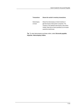 User's Guide for Accounts Payable




         Transactions    Shows the vendor's inventory transactions.


         Intercompany    Shows the intercompany on-hand inventory in
         on-hand         all intercompany trade partner companies. The
                         company in the selected intercompany order will be
                         marked. Note that on-hand quantities do not include
                         quarantine warehouses.


Tip To view intercompany purchase orders, select Accounts payable,
Inquiries, Intercompany orders.




                                                                         11-9
 