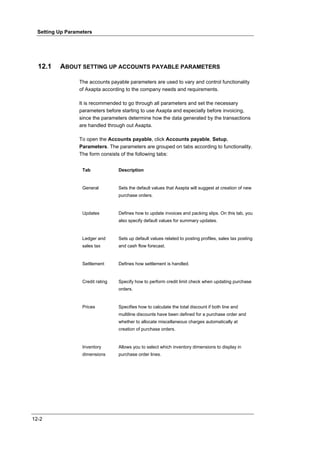 Setting Up Parameters




  12.1    ABOUT SETTING UP ACCOUNTS PAYABLE PARAMETERS

                  The accounts payable parameters are used to vary and control functionality
                  of Axapta according to the company needs and requirements.

                  It is recommended to go through all parameters and set the necessary
                  parameters before starting to use Axapta and especially before invoicing,
                  since the parameters determine how the data generated by the transactions
                  are handled through out Axapta.

                  To open the Accounts payable, click Accounts payable, Setup,
                  Parameters. The parameters are grouped on tabs according to functionality.
                  The form consists of the following tabs:


                   Tab             Description


                   General         Sets the default values that Axapta will suggest at creation of new
                                   purchase orders.


                   Updates         Defines how to update invoices and packing slips. On this tab, you
                                   also specify default values for summary updates.


                   Ledger and      Sets up default values related to posting profiles, sales tax posting
                   sales tax       and cash flow forecast.


                   Settlement      Defines how settlement is handled.


                   Credit rating   Specify how to perform credit limit check when updating purchase
                                   orders.


                   Prices          Specifies how to calculate the total discount if both line and
                                   multiline discounts have been defined for a purchase order and
                                   whether to allocate miscellaneous charges automatically at
                                   creation of purchase orders.


                   Inventory       Allows you to select which inventory dimensions to display in
                   dimensions      purchase order lines.




12-2
 