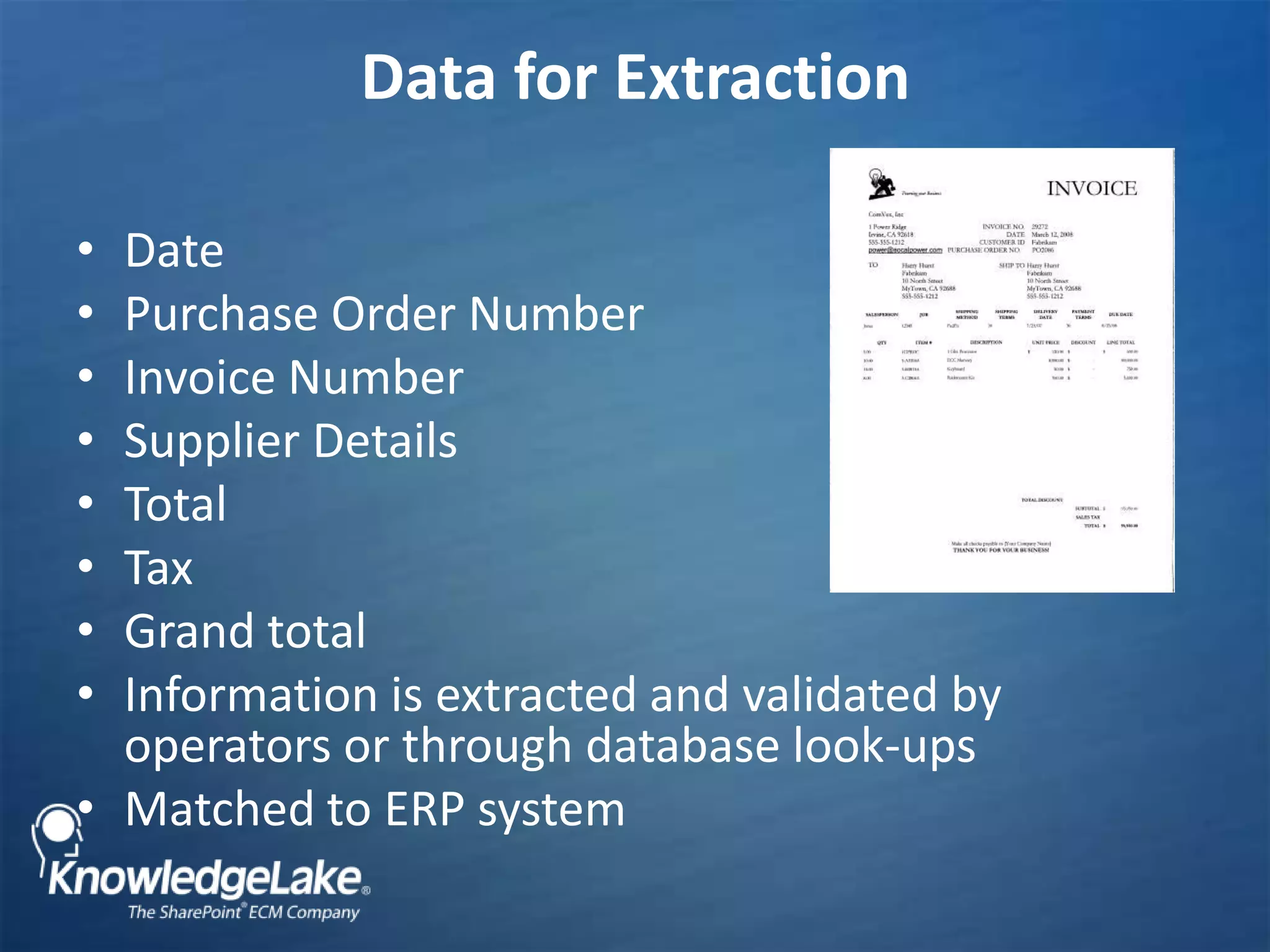 Data for ExtractionDatePurchase Order NumberInvoice NumberSupplier DetailsTotalTaxGrand totalInformation is extracted and validated by operators or through database look-upsMatched to ERP system 